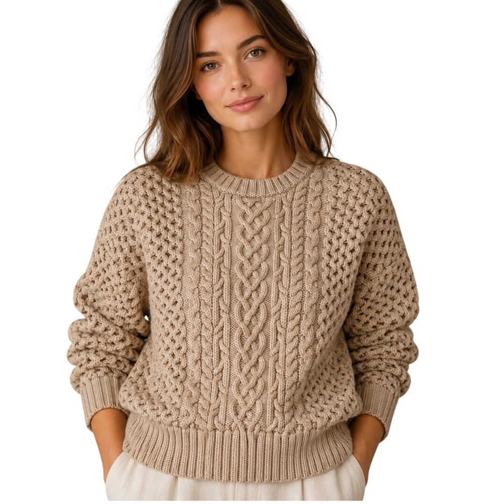 Chunky Cable Knit Grandmacore Sweater Beige Oversized Cottage Coastal Luxe XS